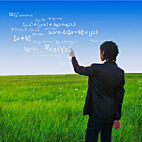 Young man writing math equations against the sky